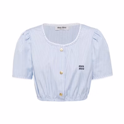 (Women) MIU MIU Women’s SS22 Colorblock Striped Crew Neck Short Sleeve T-Shirt Blue MT1767-1XOA-F0076