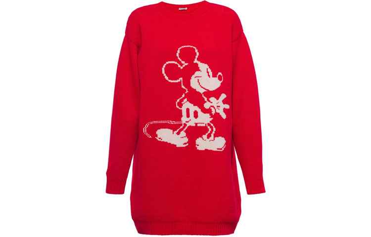 (Women) MIU MIU x Disney Mickey Mouse Red Knit Sweater Cartoon Long Sleeve Dress Women MMA709-1ZAN-F0011