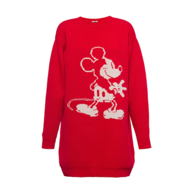 (Women) MIU MIU Disney Mickey Mouse Red Knit Sweater Cartoon Long Sleeve Dress Women MMA709-1ZAN-F0011