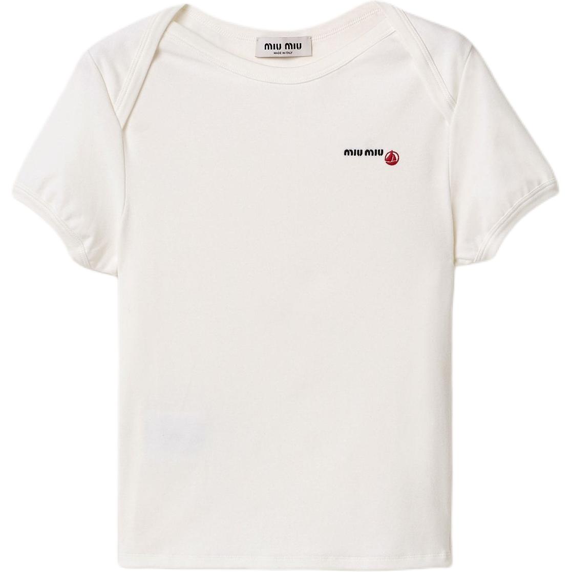 Order (W) ミュウミュウ x プチバトー SS25 刺繍ロゴ 白色 半袖Tシャツ 女性用 MJN563-16J8-F0009-S-OOO