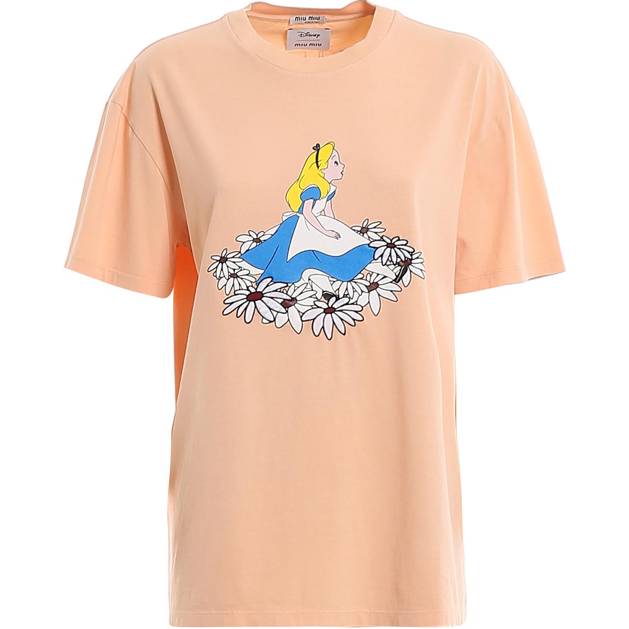 (Women) MIU MIU Yellow Cotton Crewneck Regular Fit Short Sleeve Knit T-Shirt MJN195-1WHU-F0075