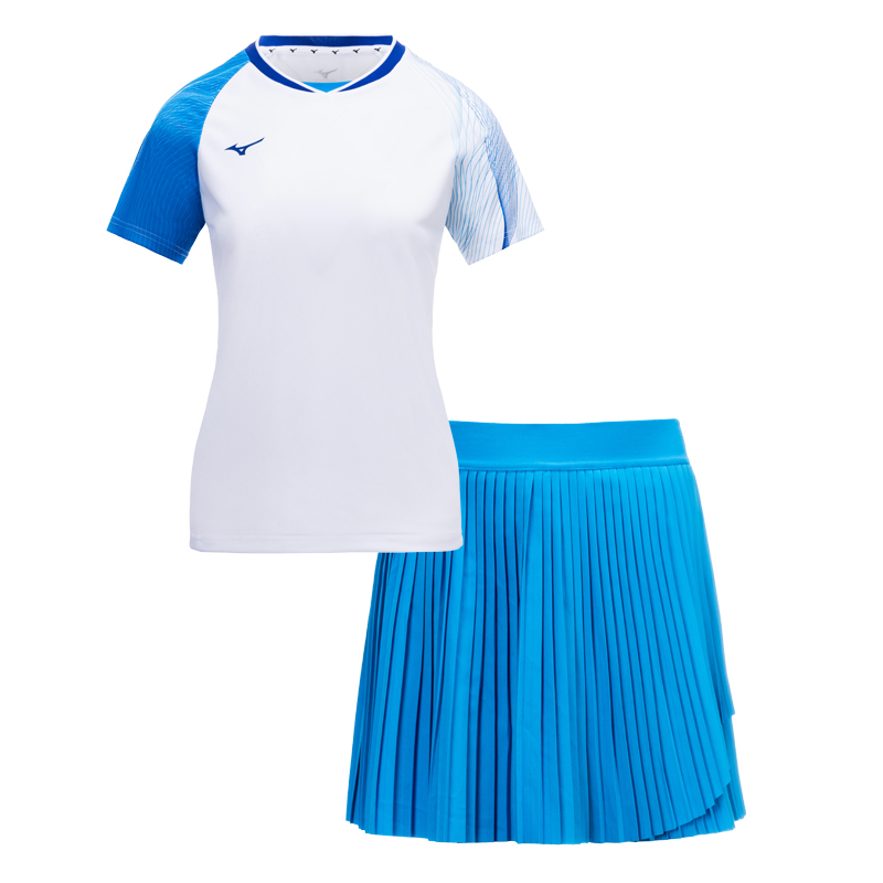 (Women) Mizuno  Blue/White Stripe Logo Print Quick-Dry Breathable Outfit Set. 72CG45P101
