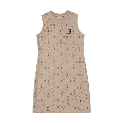 (Women) MLB Boston Red Sox Logo Plaid Vintage Loose Sleeveless Sports Dress Khaki Women. 3FOPM0333-43SAL