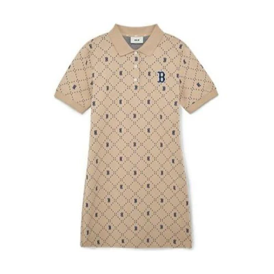 (Women) MLB Boston Red Sox Logo Print Polo Casual Dress Women Light Sand Brown. 3FOPM0533-43SAL