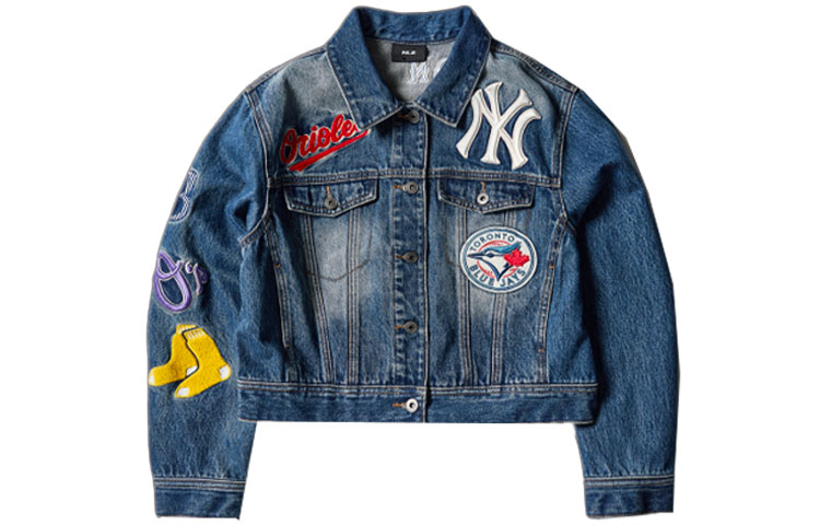 (Women) MLB New York Yankees Logo Retro Patch Cropped Denim Jacket Women Blue 3FDK02014-50BLS