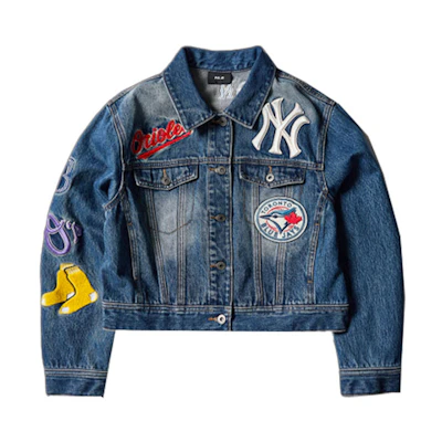 (Women) MLB New York Yankees Logo Retro Patch Cropped Denim Jacket Women Blue 3FDK02014-50BLS