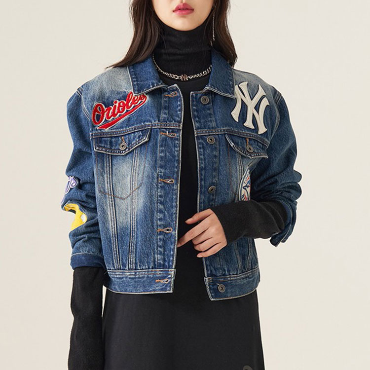 (Women) MLB New York Yankees Logo Retro Patch Cropped Denim Jacket Women Blue 3FDK02014-50BLS 圖 4