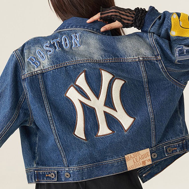 (Women) MLB New York Yankees Logo Retro Patch Cropped Denim Jacket Women Blue 3FDK02014-50BLS 圖 5