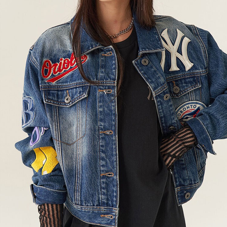 (Women) MLB New York Yankees Logo Retro Patch Cropped Denim Jacket Women Blue 3FDK02014-50BLS 圖 6