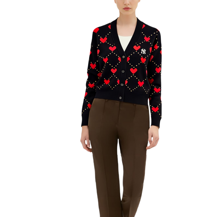 Shop (Women) MLB SS23 New York Yankees Heart Print Knit Cardigan Women Black. 3FKCH0234-50BKS