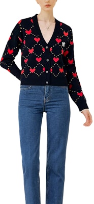 (Women) MLB SS23 New York Yankees Heart Print Knit Cardigan Women Black. 3FKCH0234-50BKS Details for (Women) MLB SS23 New York Yankees Heart Print Knit Cardigan Women Black. 3FKCH0234-50BKS