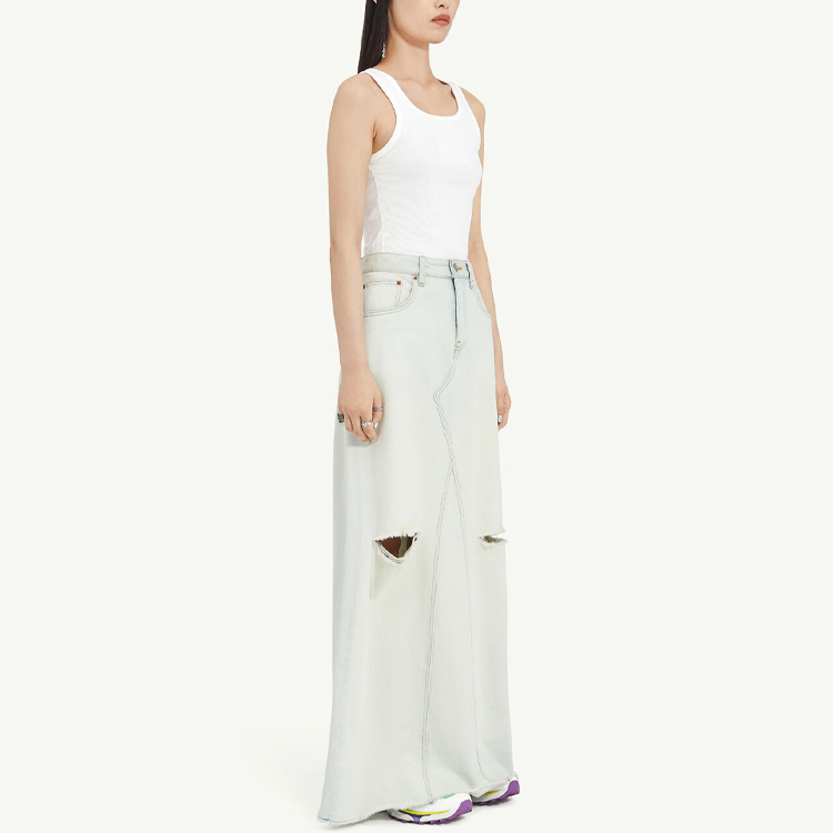 Purchase (Women) MM6 Maison Margiela  Light Blue Frayed Hem Denim Maxi Skirt. S52MI0007S30460992