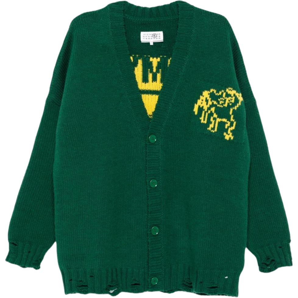 Order (W) MM6 Maison Margiela 綠色破壞風V領寬鬆針織毛衣。 S62HP0023M13075-GREEN