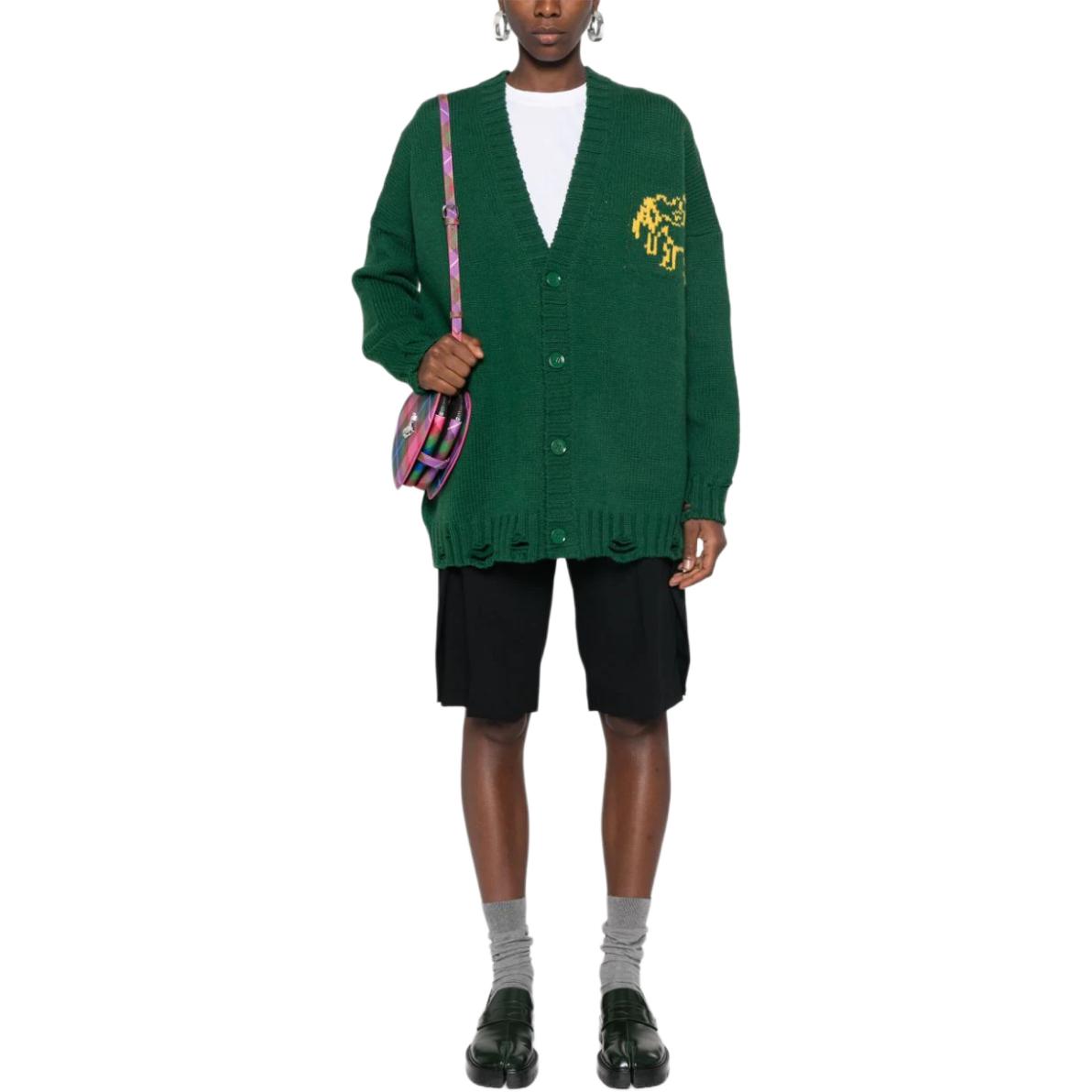 Lookbook (W) MM6 Maison Margiela 綠色破壞風V領寬鬆針織毛衣。 S62HP0023M13075-GREEN