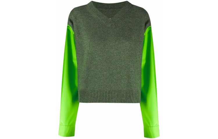 (Women) MM6 Maison Margiela FW21  Green V-Neck Pullover Wool Sweater. S52HA0232S17772002F