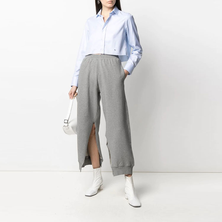 Purchase (Women) MM6 Maison Margiela FW21  Grey Wide-Leg Knit Joggers with Split Detail. S52KA0249S25337851M