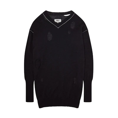 (Women) MM6 Maison Margiela FW22 Distressed V-Neck Pullover Sweater Black S52HA0251S18057900