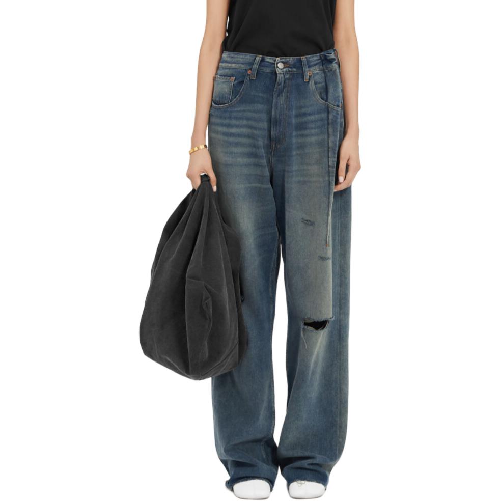 Shop (W) MM6 Maison Margiela FW24 Celana Jeans Wide-Leg Zipper Denim Abu-abu Biru. S52LA0245M30017994