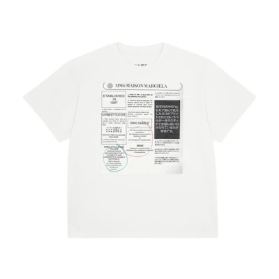 (Women) MM6 Maison Margiela Newspaper Print White Crewneck Womens T-Shirt SS25. S52GC0337S24312101
