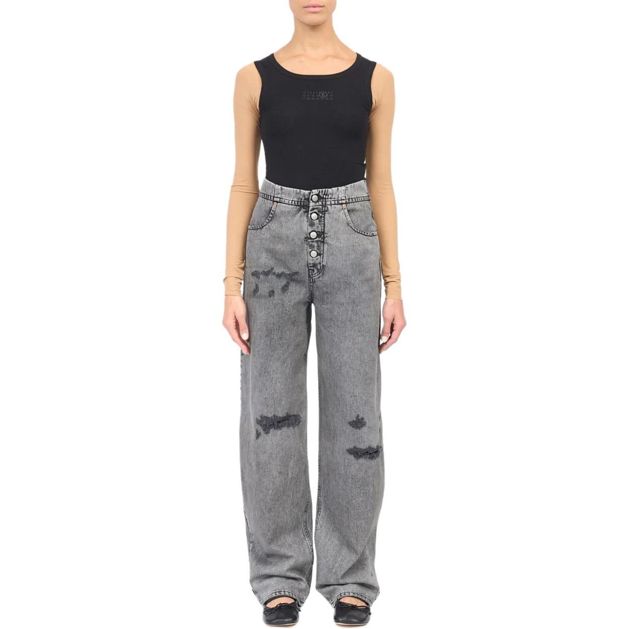 Lookbook (W) MM6 Maison Margiela SS24 Jeans High-Waist Wide-Leg Distressed Wanita Abu-Abu. S52LA0241M35149-GRAY