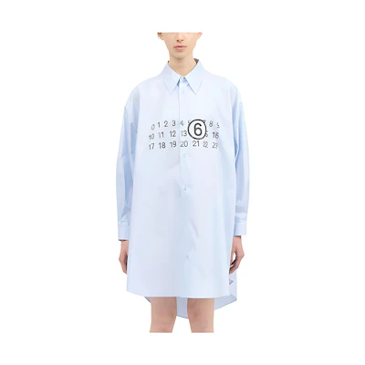 (Women) MM6 Maison Margiela SS24 Minimal Logo Print Oversized Shirt Dress Women Light Blue S52CT0780S47294479