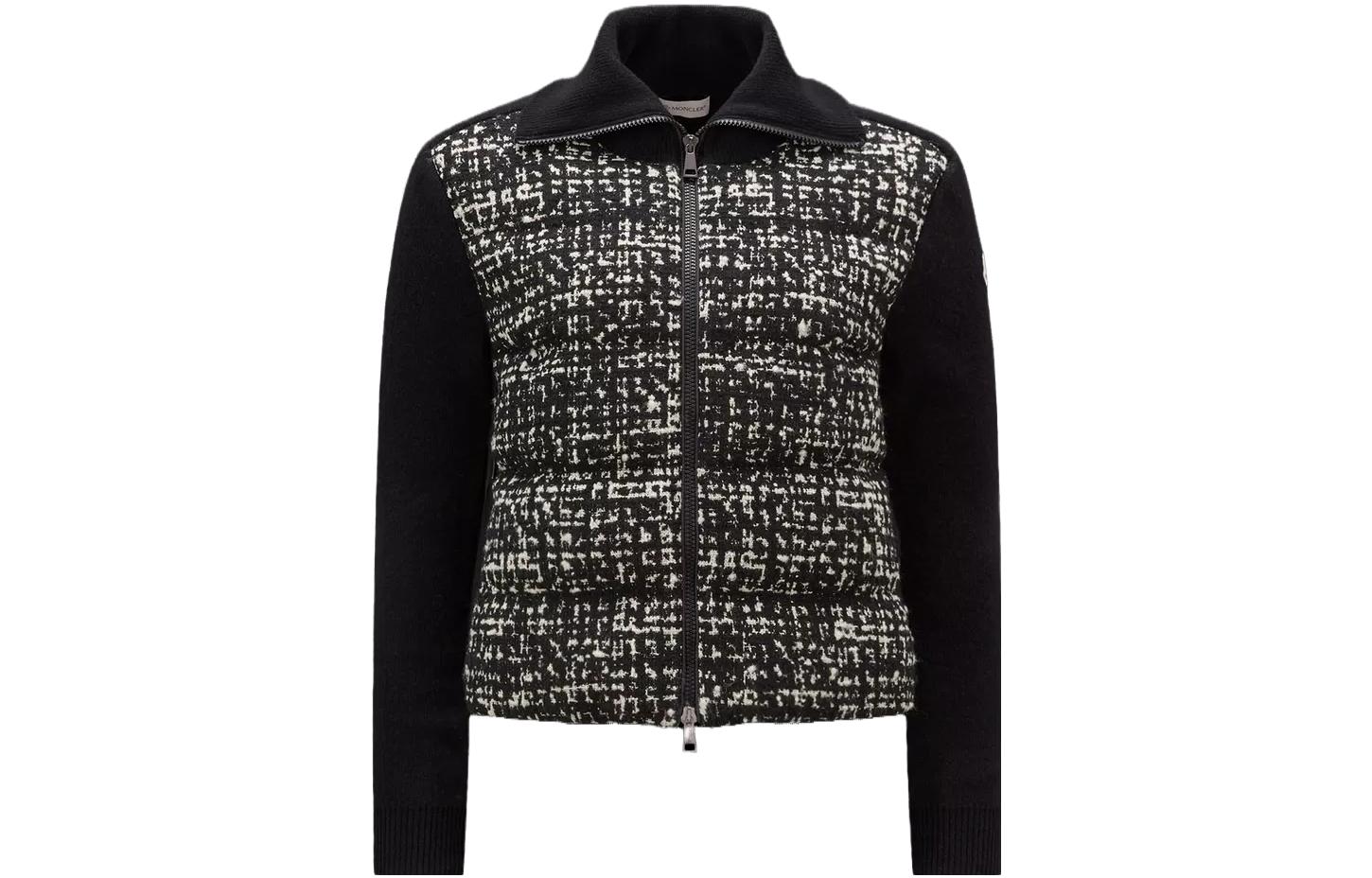 (Women) Moncler  Black & White Padded Wool Tweed Cardigan Jacket with Logo Patch. I20939B00010M1241P90