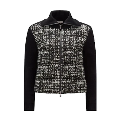 (Women) Moncler Black & White Padded Wool Tweed Cardigan Jacket with Logo Patch. I20939B00010M1241P90