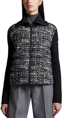 (W) 몽클레어 블랙 & 화이트 패딩 울 트위드 카디건 자켓 로고 패치. I20939B00010M1241P90 Shop (W) 몽클레어 블랙 & 화이트 패딩 울 트위드 카디건 자켓 로고 패치. I20939B00010M1241P90