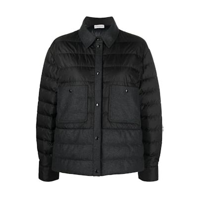 (Women) Moncler Black Down Jacket - Solid Color, Stand Collar, Button-Up Style. H20932F0000359632999