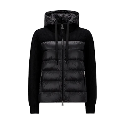 (Women) Moncler Black Down Knit Hoodie Jacket with Wool Panel Detailing. I10939B00002M1241999【】