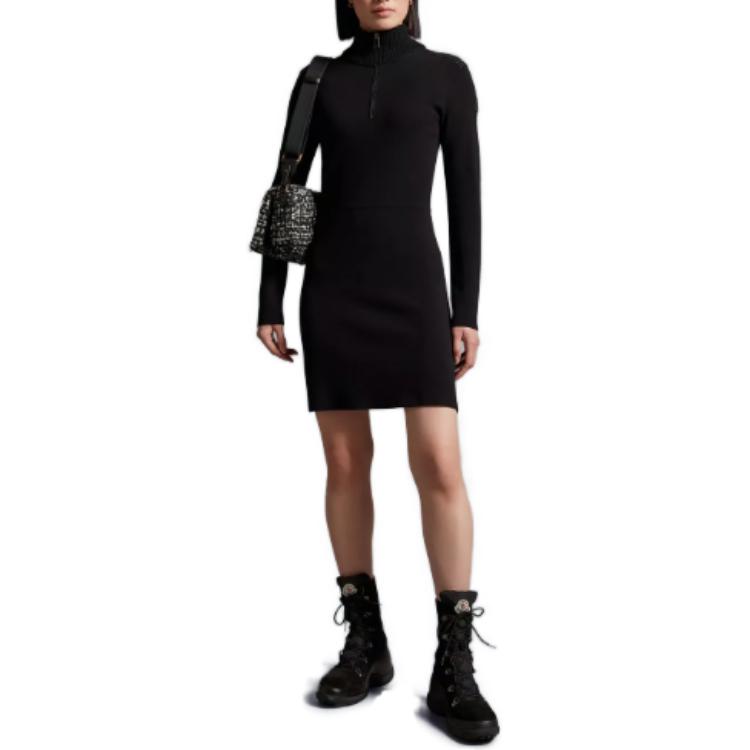 Lookbook (Women) Moncler  Black Knit Midi Dress Slim Fit Long Sleeve with Logo Print. I20939L00004M1183999