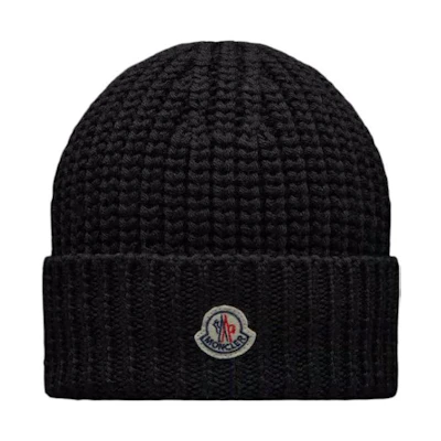 (Women) Moncler Black Logo Beanie Polyester Knit Hat. I20933B00048M1131999