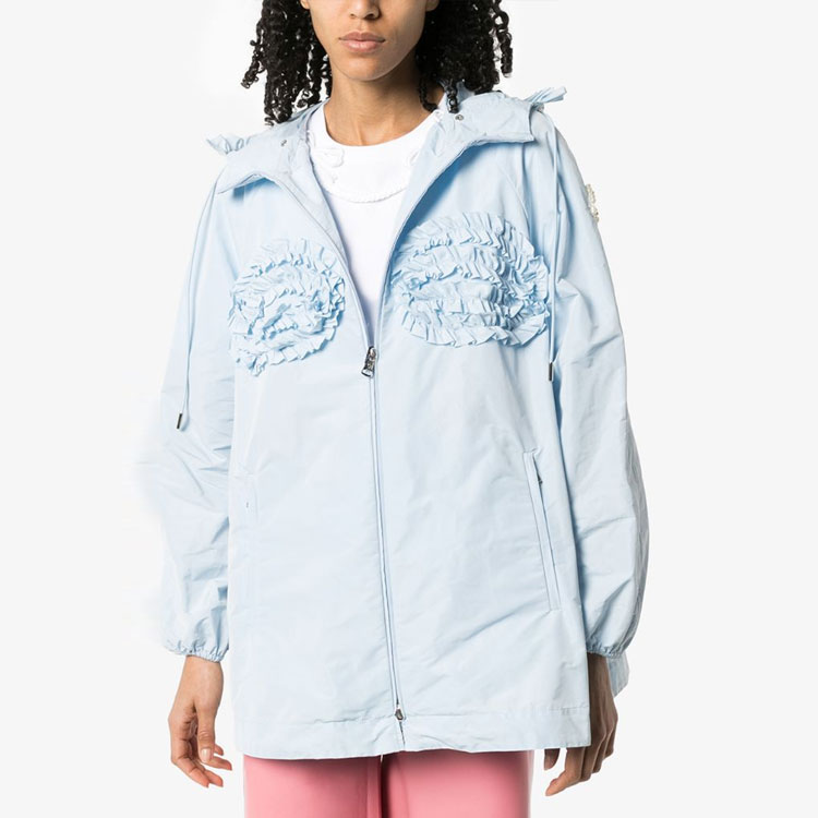Shop (Women) Moncler  Blue Hooded Jacket with Solid Color and Pleated Accents. 09W1A70000C050570K