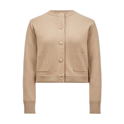 (Women) Moncler Camel Colored Fitted Sweater with Crew Neck and Button Closure. J20939B00020M1241513