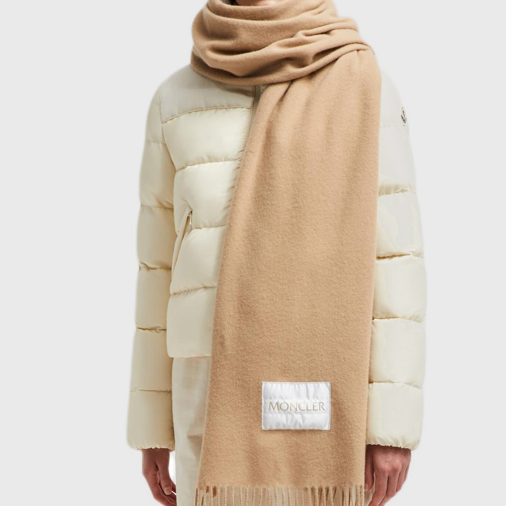 Shop (Women) Moncler  Classic Wool Felt Knit Scarf Beige J20933C00024595MA513