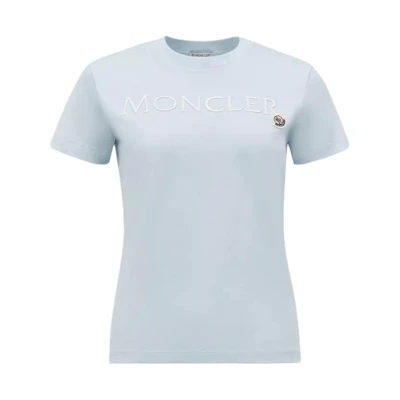 (Women) Moncler Light Blue Letter Print Crew Neck Regular T-Shirt. J10938C00006829HP70S