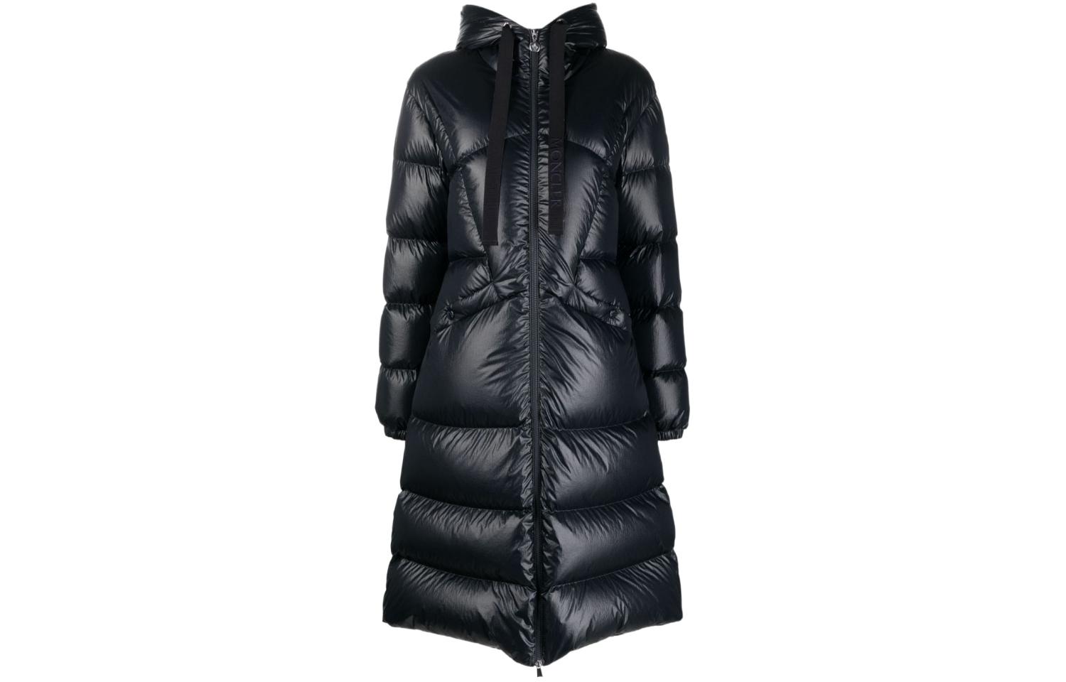 (Women) Moncler  Mid-Length Down Jacket with Hood and Stitching in Navy Blue. I20931C000305972C778