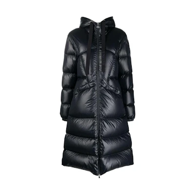 (Women) Moncler Mid-Length Down Jacket with Hood and Stitching in Navy Blue. I20931C000305972C778