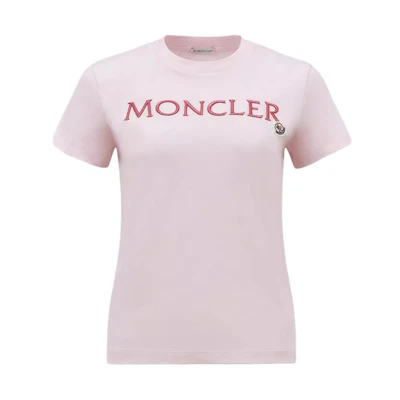 (Women) Moncler Pink Embroidered Logo Crewneck Fitted Short Sleeve T-Shirt J10938C00006829HP50B