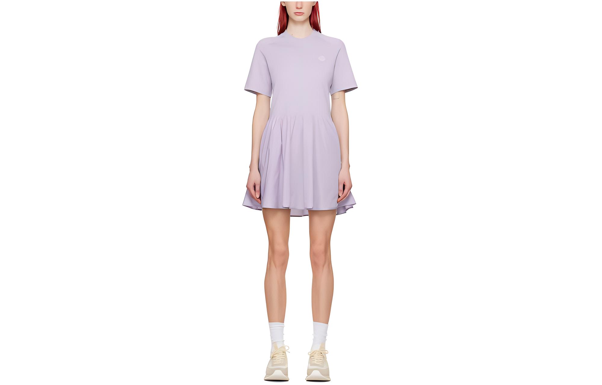 (Women) Moncler  Purple Short Sleeve Logo Print Pleated Short Dress. J10938I0001989A1K61A