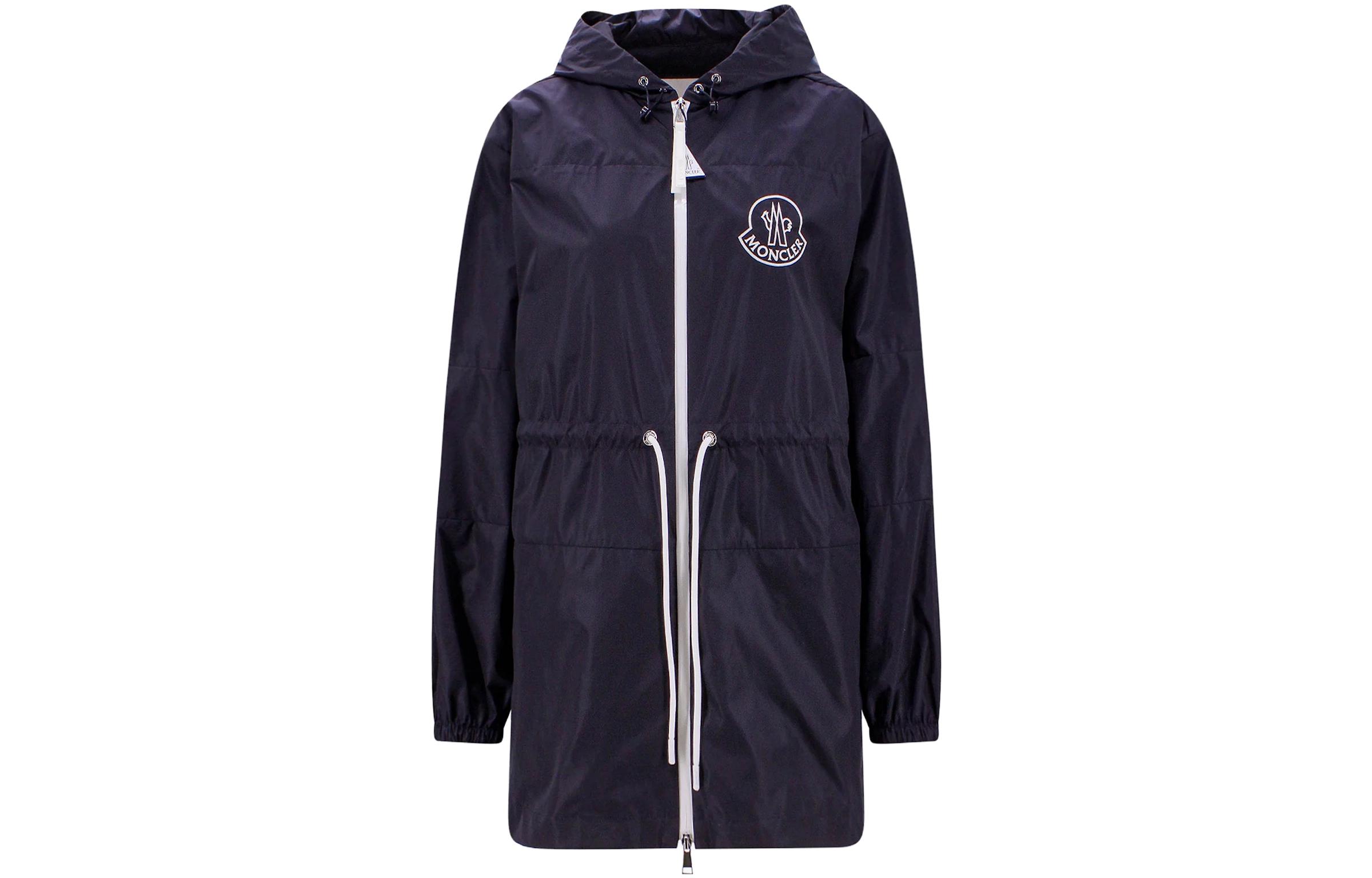 Order (Women) Moncler  SS23 Navy Hooded Jacket with Logo Print and Drawstring Waist. 1A00123539ZD778