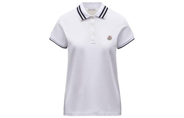 Buy (Women) Moncler  Striped Logo Patch Embroidered Short Sleeve Polo Shirt Optical White J10938A0000984720001