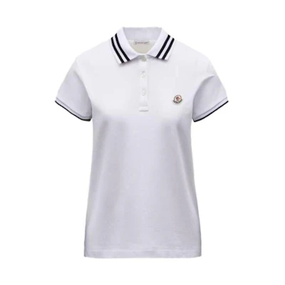 (Women) Moncler Striped Logo Patch Embroidered Short Sleeve Polo Shirt Optical White J10938A0000984720001
