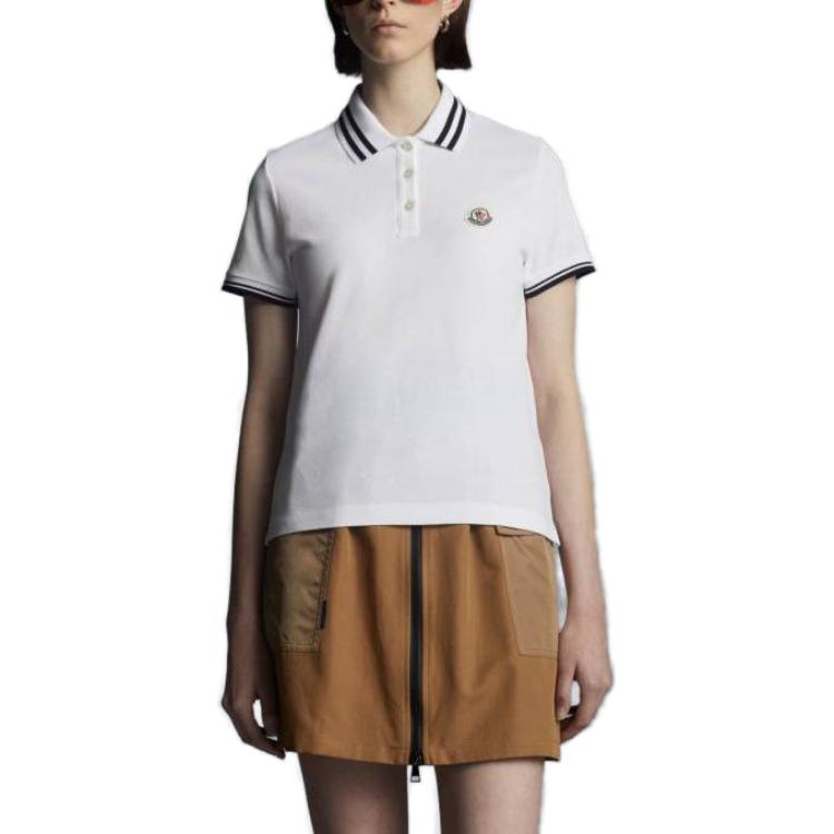 Lookbook (Women) Moncler  Striped Logo Patch Embroidered Short Sleeve Polo Shirt Optical White J10938A0000984720001