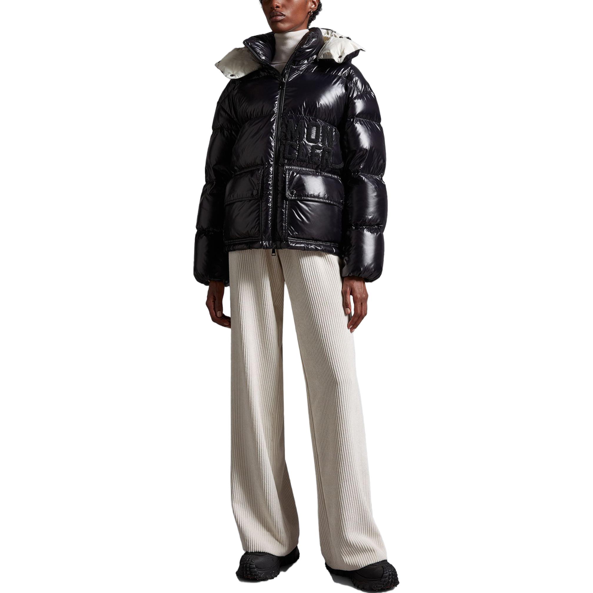 Lookbook (Women) Moncler Abbaye  Black Short Down Jacket with Letter Print Hooded Design. 1A000395963V999