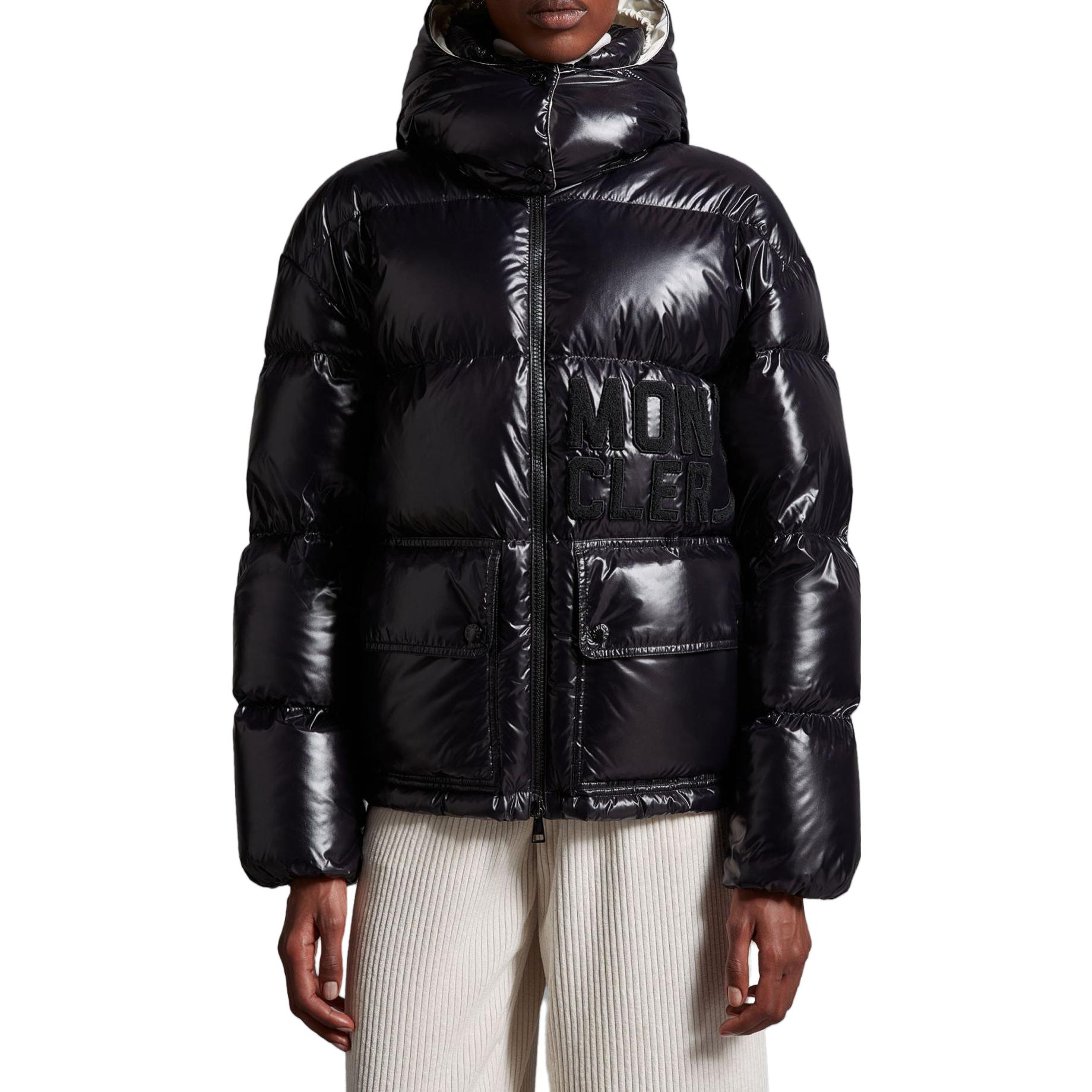 Shop (Women) Moncler Abbaye  Black Short Down Jacket with Letter Print Hooded Design. 1A000395963V999
