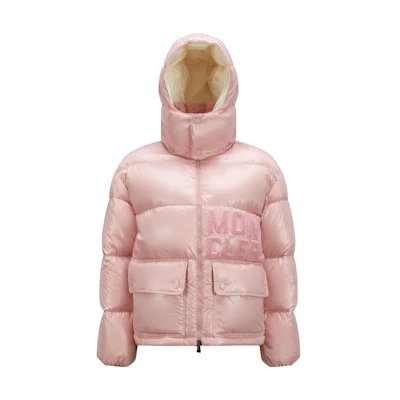 (Women) Moncler Abbaye Logo Embroidered Pink Hooded Long Sleeve Down Jacket Women. 1A000395963V500
