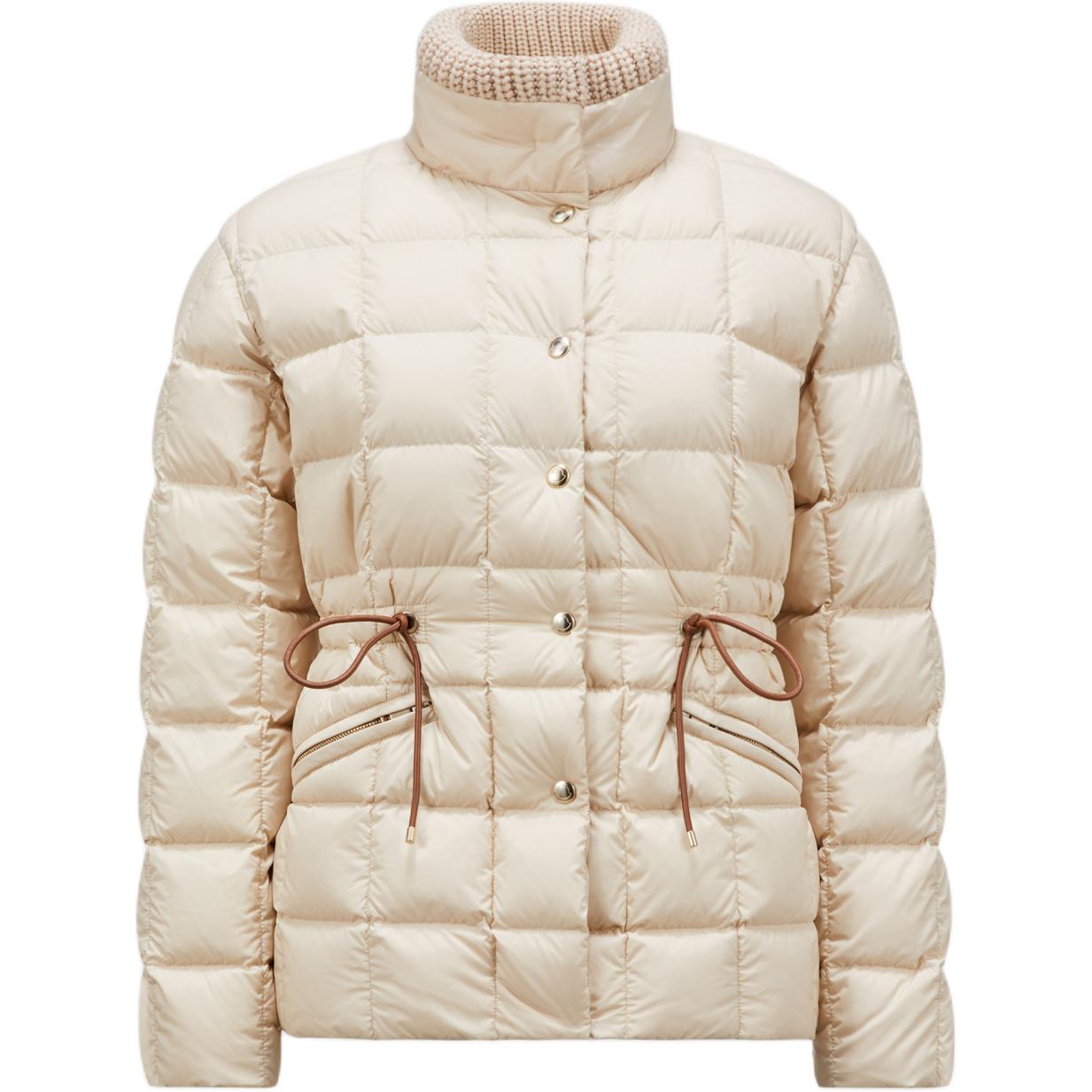 (Women) Moncler Antigone FW24 Beige Short Leather Down Jacket with Drawstring for Women. J20931A0005854A8120N