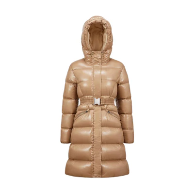 (Women) Moncler Bellevue Brown Long Down Jacket with Logo Hood and Waist Zip. J20931C000385963V226