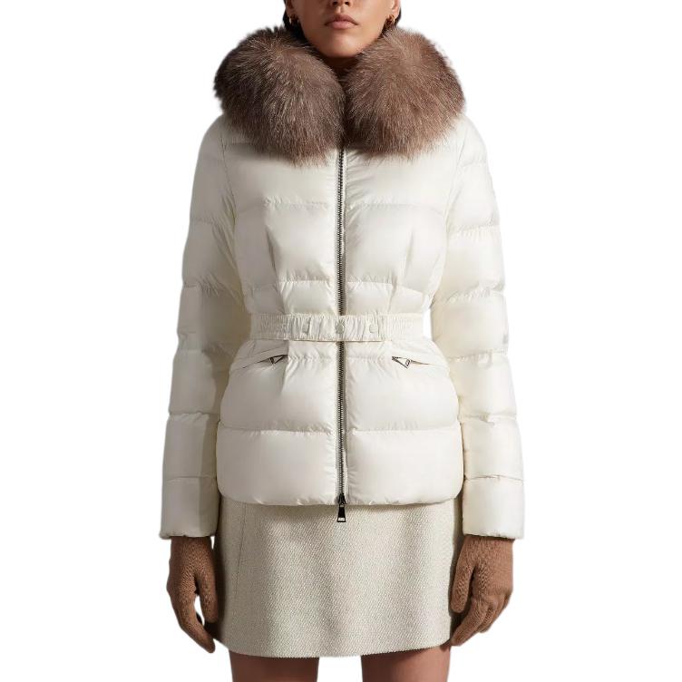 Shop (Women) Moncler Boed FW22  Quilted Down Jacket Ivory White with Fur Trim Waist. H20931A001365396Q034